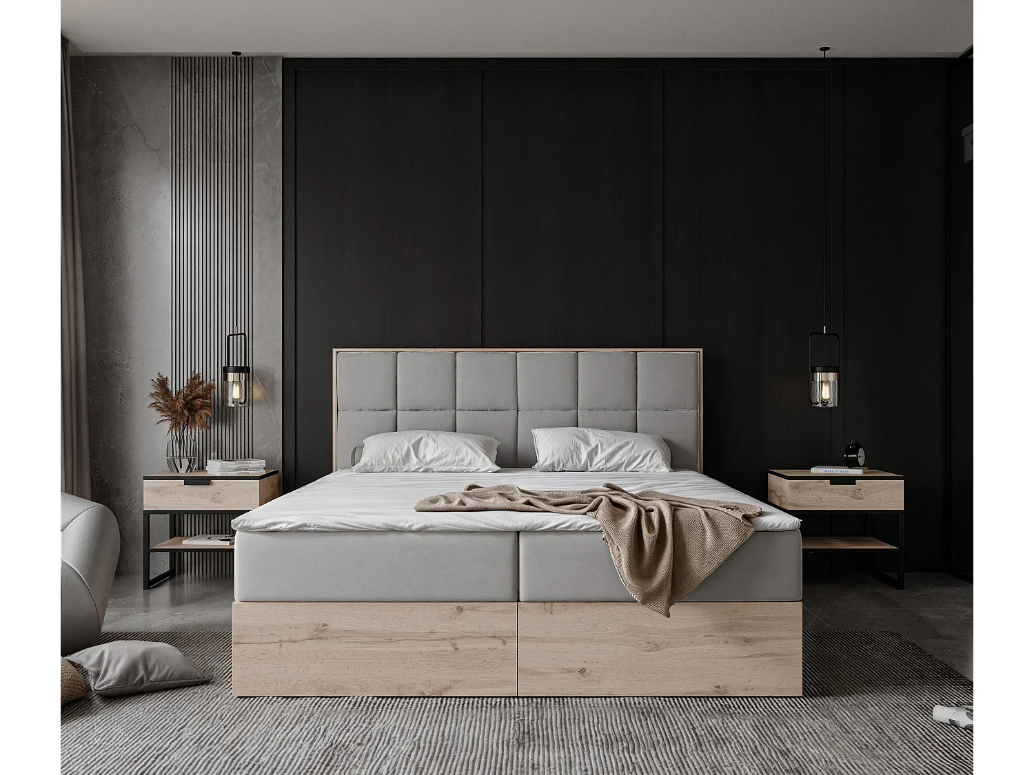 Lit continental rembourré avec surmatelas, gris clair - 180x200 - LAVIO II