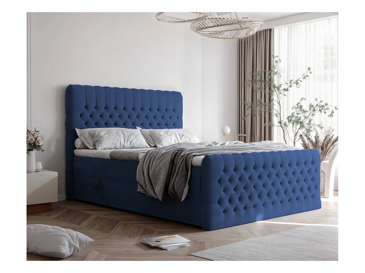 Lit continental rembourré avec matelas, bleu - 160x200
