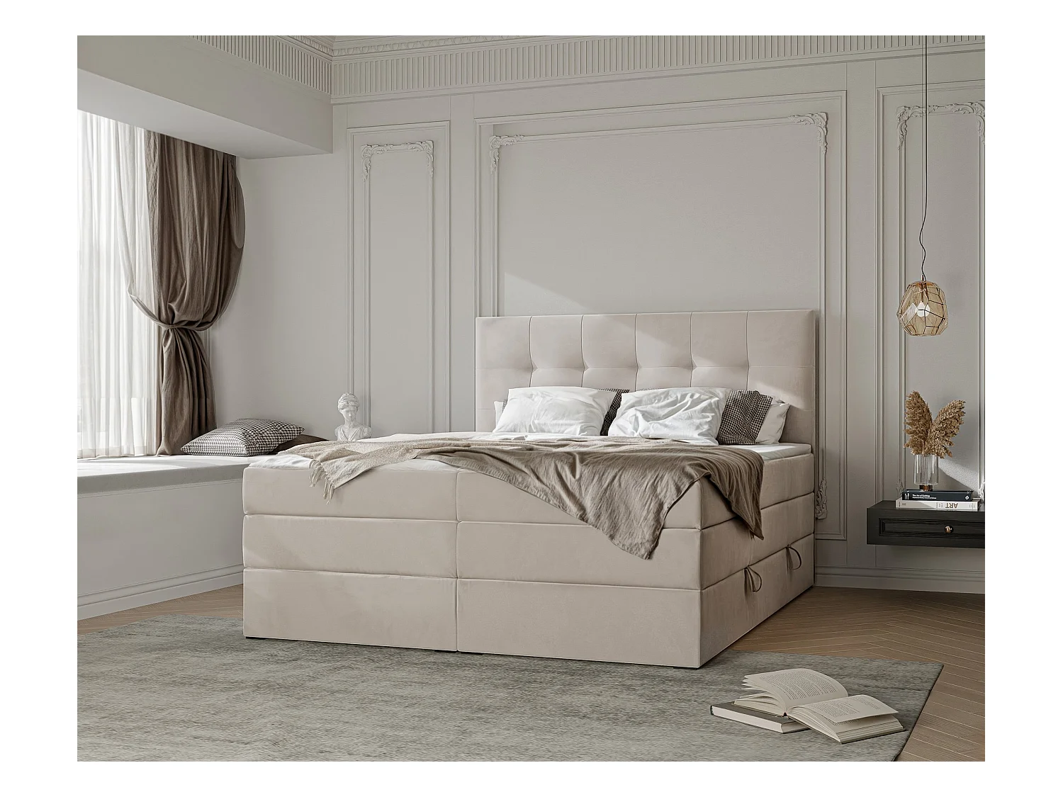 Lit continental rembourré avec surmatelas, beige - 160x200 - AZARIO