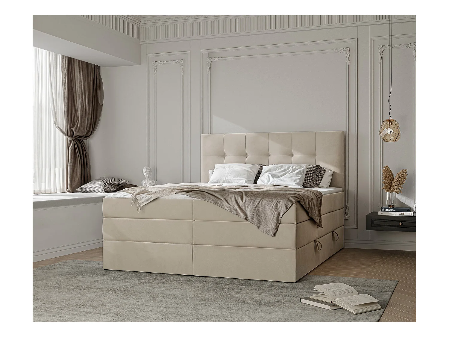 Lit continental rembourré avec surmatelas, crème - 140x200 - AZARIO