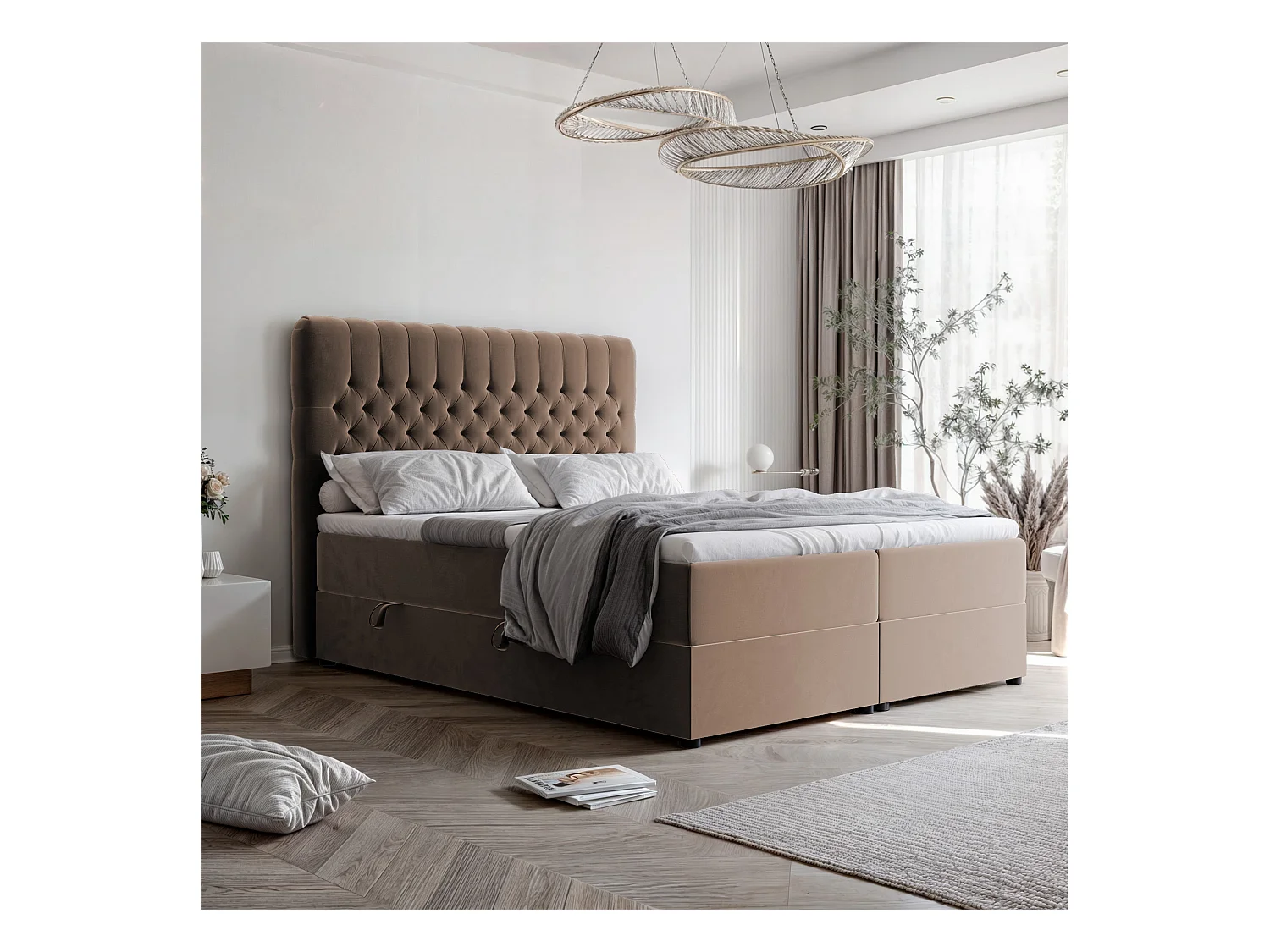 Lit continental rembourré avec matelas, marron - 200x200