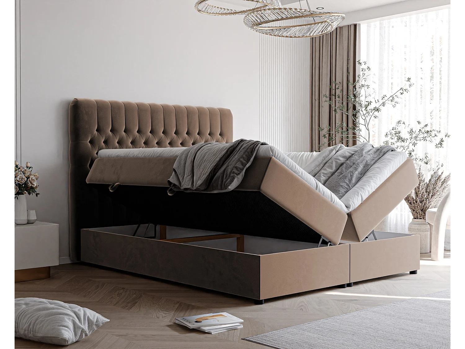 Lit continental rembourré avec matelas, marron - 200x200