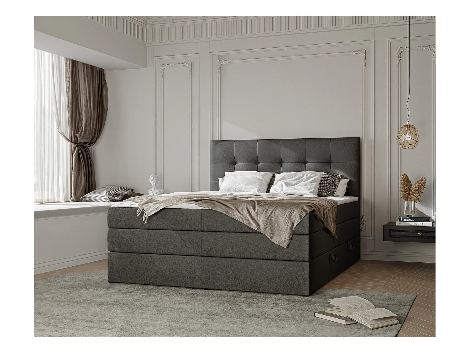 Lit continental rembourré avec surmatelas, noir  - 180x200 - AZARIO