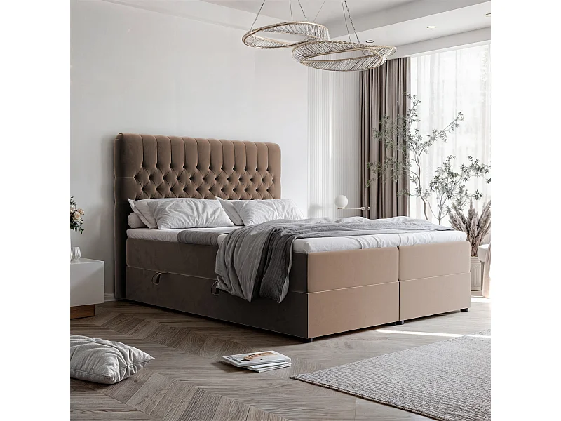 Lit continental rembourré avec matelas, marron - 160x200