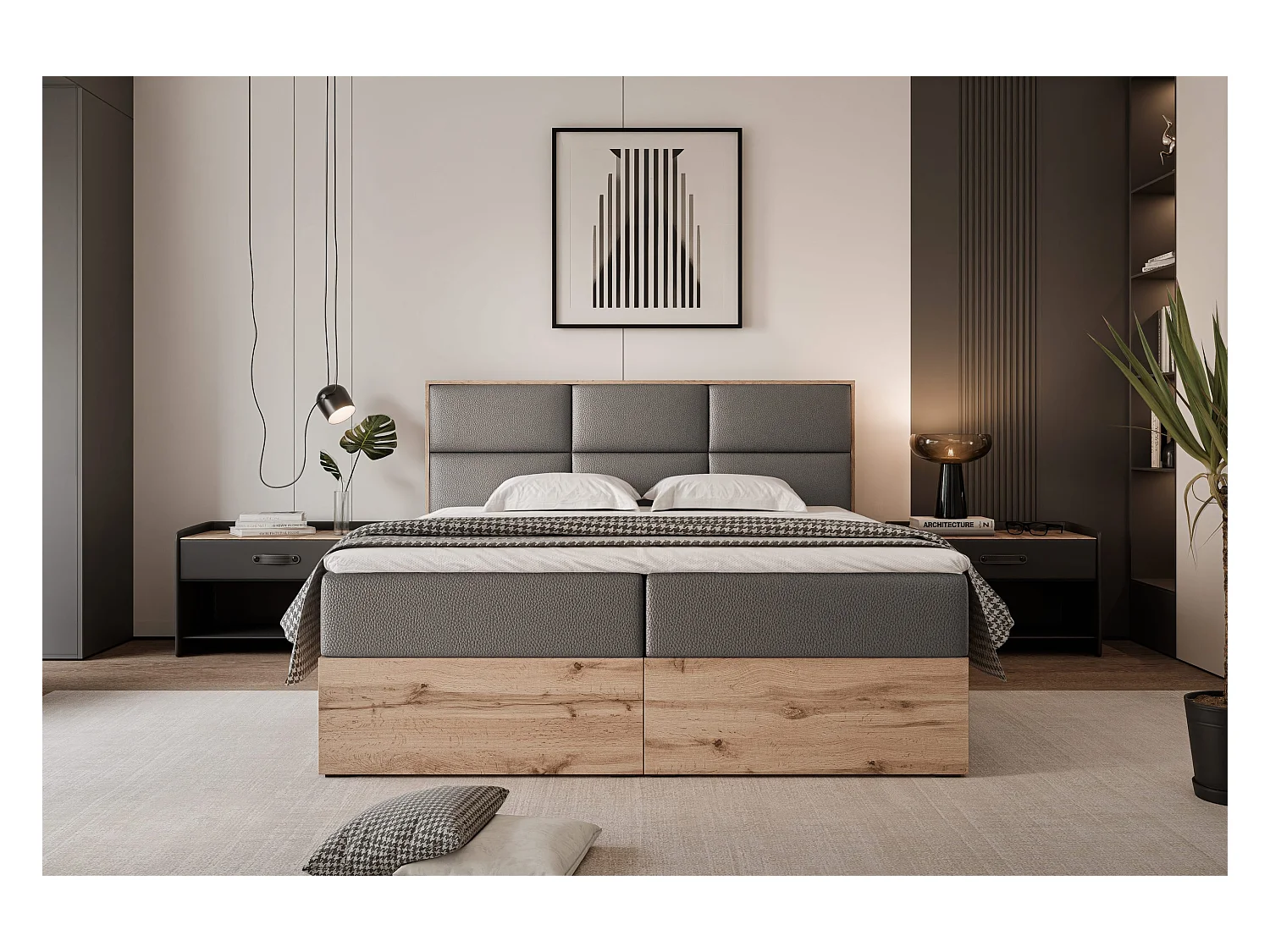 Lit continental rembourré avec surmatelas, gris  - 160x200 - LAVIO