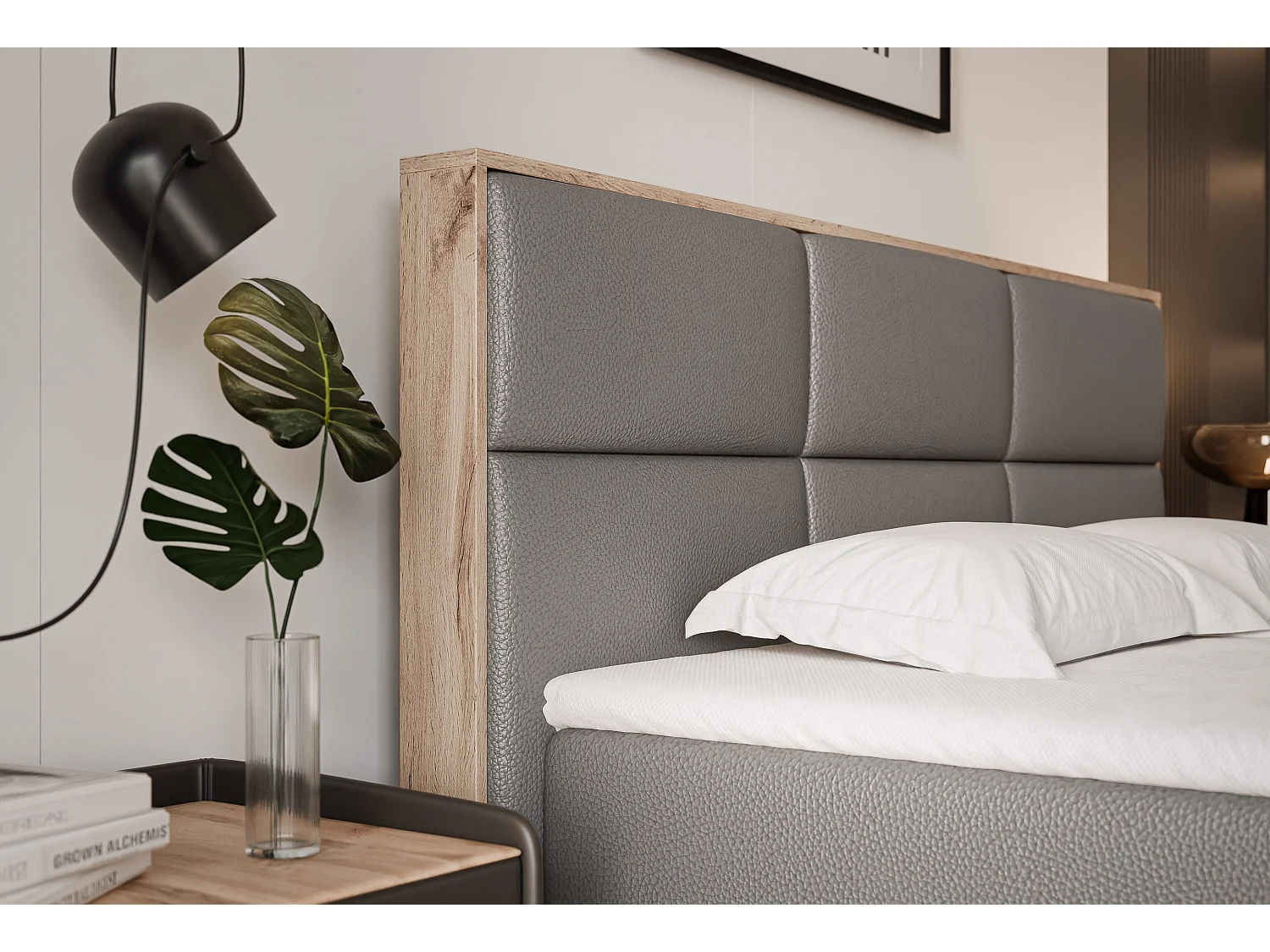 Lit continental rembourré avec surmatelas, gris  - 160x200 - LAVIO