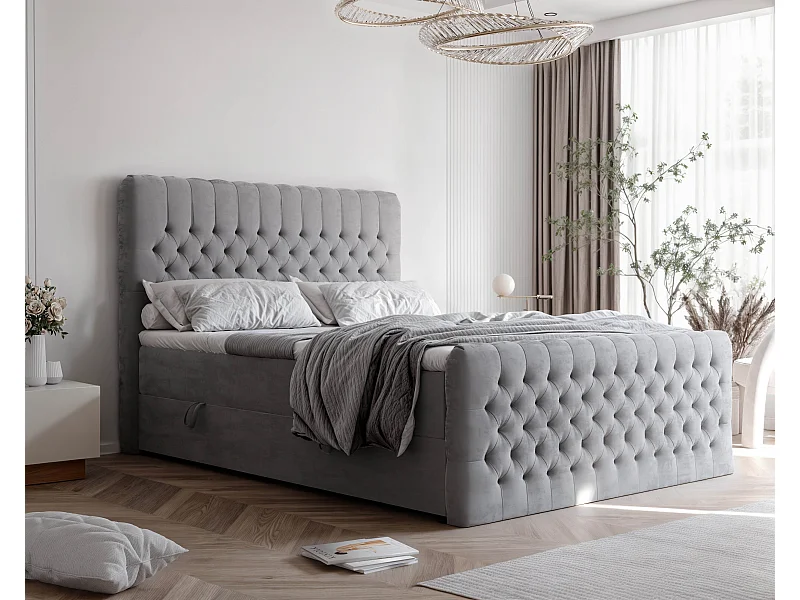 Lit continental rembourré avec matelas, gris clair - 160x200