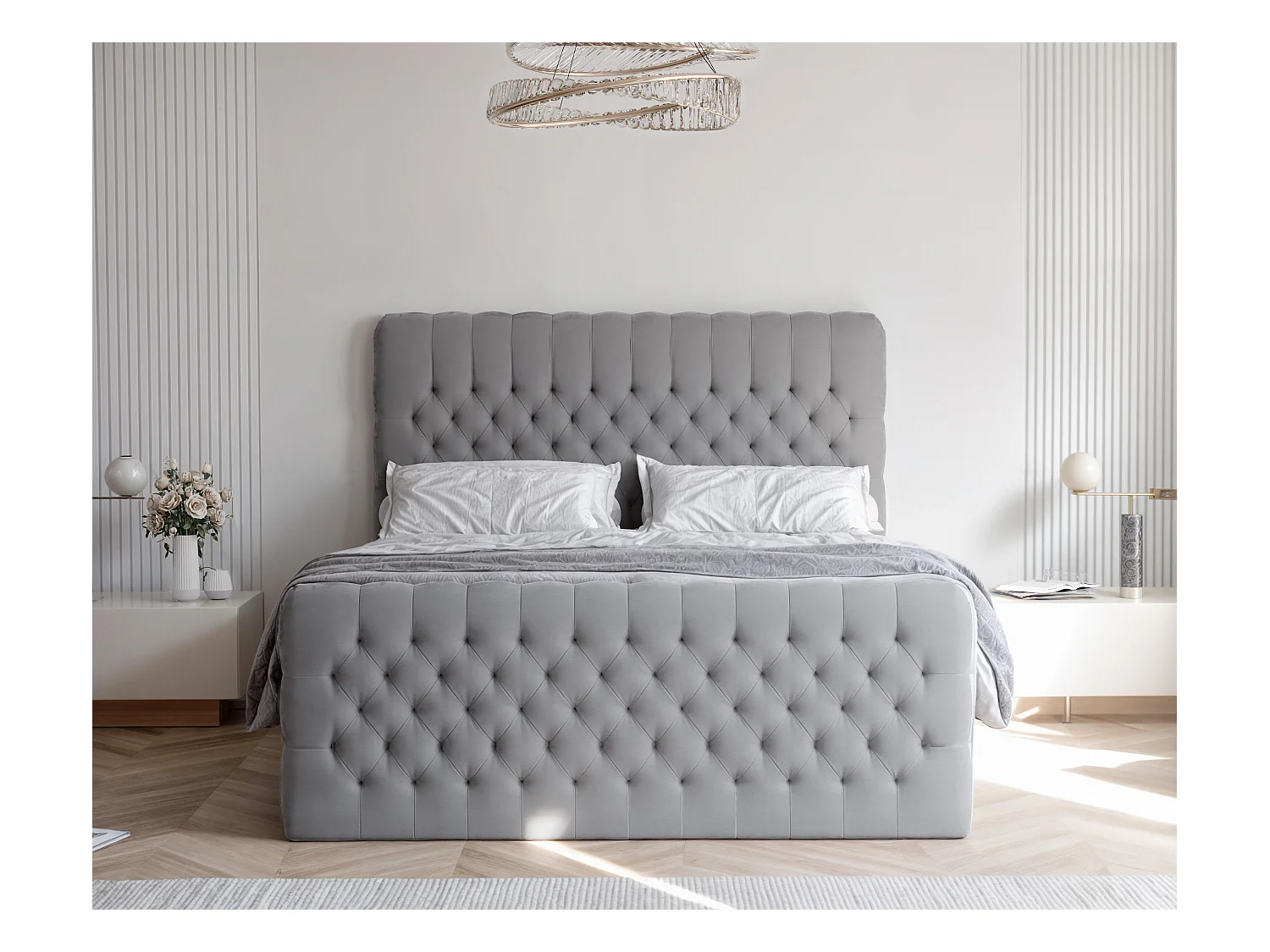 Lit continental rembourré avec matelas, gris clair - 160x200