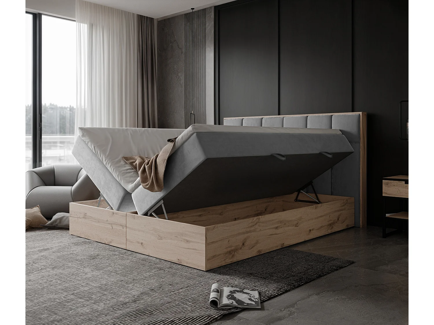 Lit continental rembourré avec surmatelas, gris - 160x200 - LAVIO II