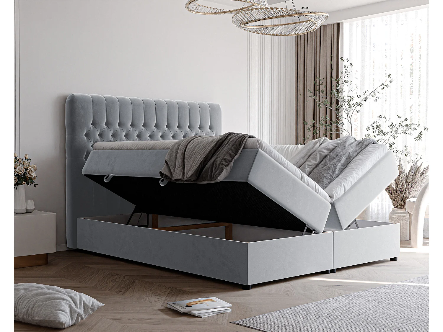 Lit continental rembourré avec matelas, gris - 140x200