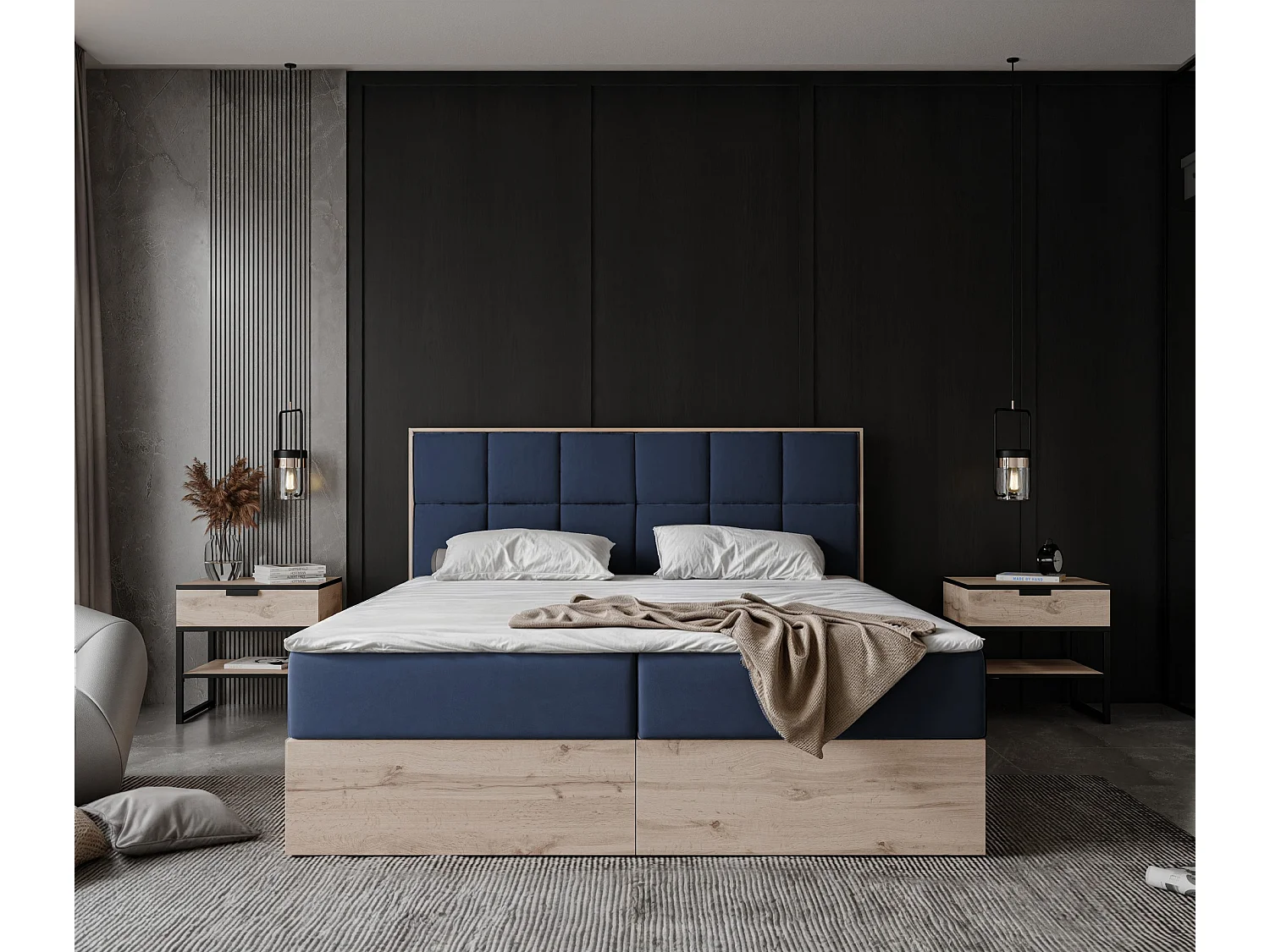 Lit continental rembourré avec surmatelas, bleu - 200x200 - LAVIO II