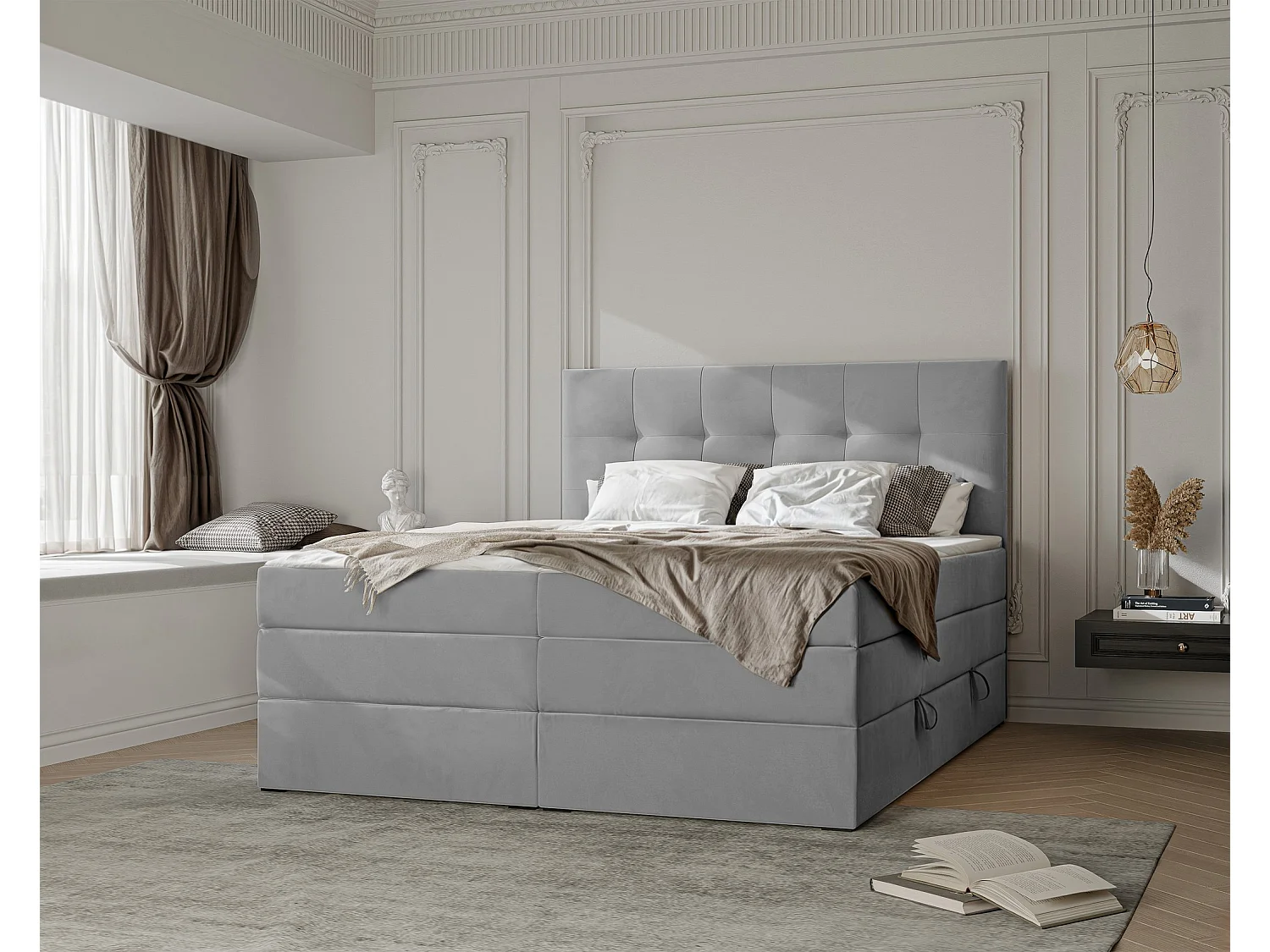 Lit continental rembourré avec surmatelas, gris clair - 120x200 - AZARIO