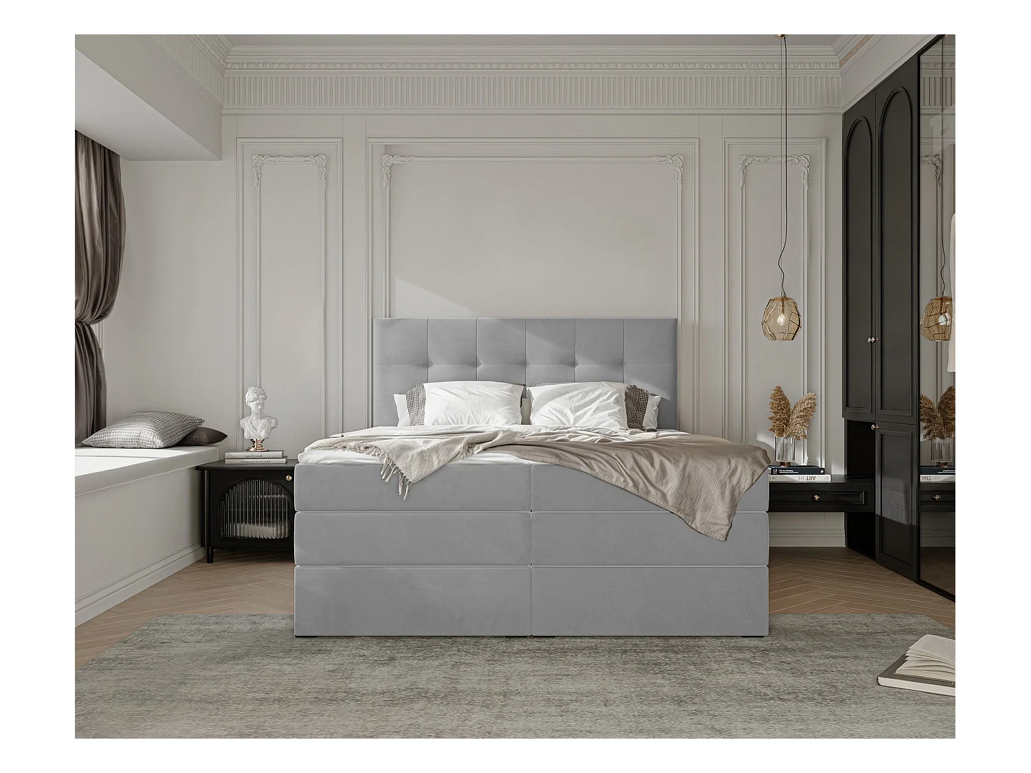Lit continental rembourré avec surmatelas, gris clair - 200x200 - AZARIO
