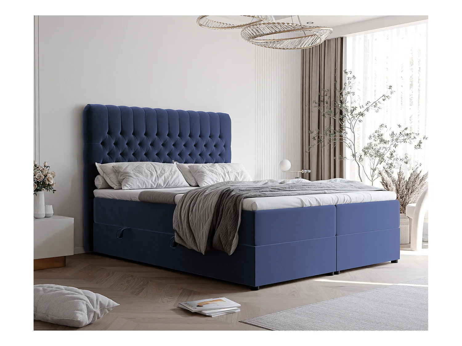 Lit continental rembourré avec matelas, bleu - 160x200