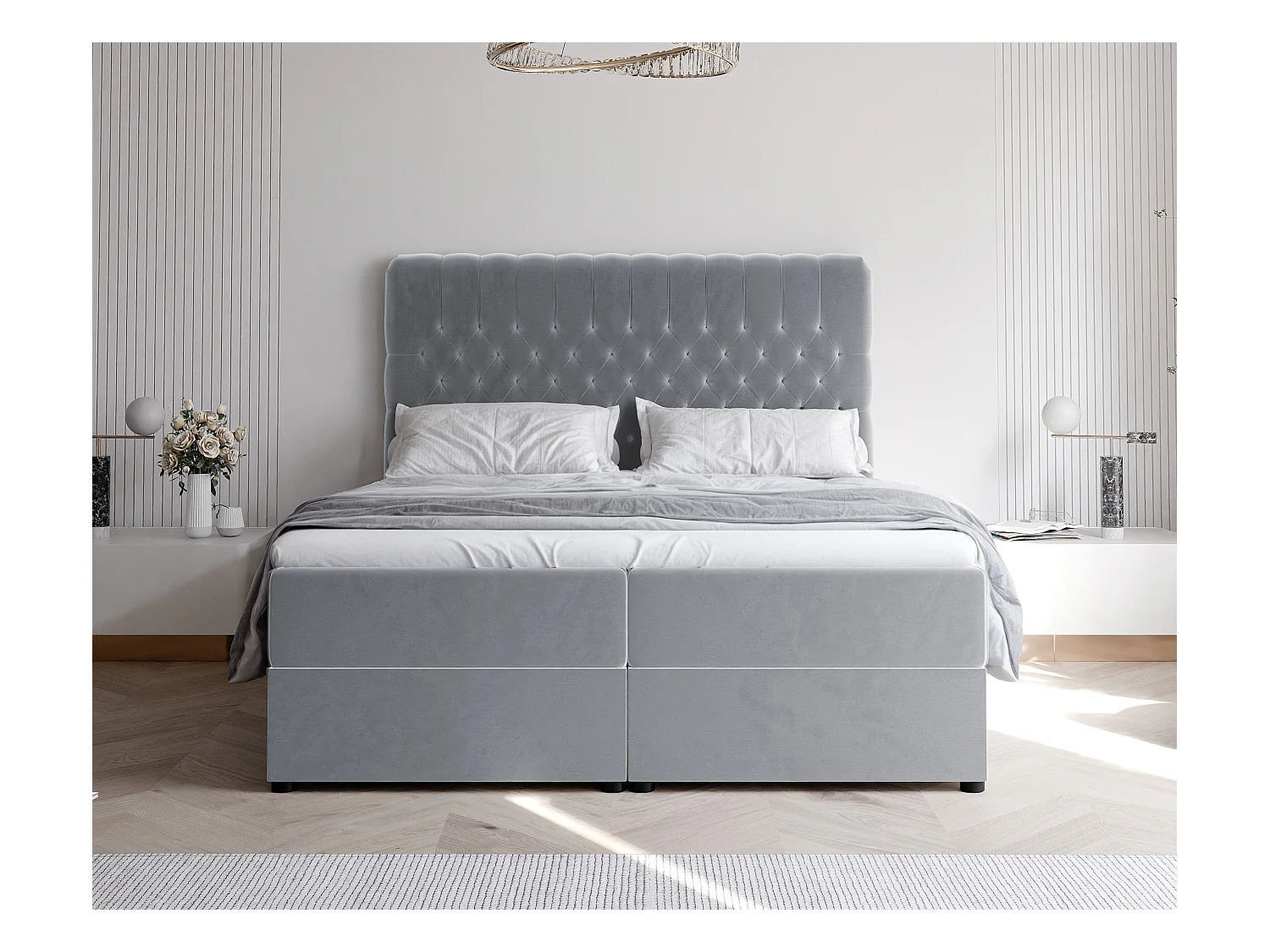 Lit continental rembourré avec matelas, gris - 160x200