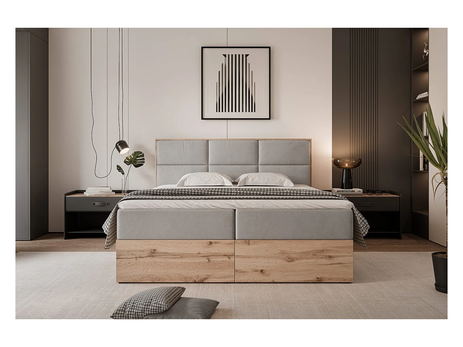 Lit continental rembourré avec surmatelas, gris clair - 160x200 - LAVIO