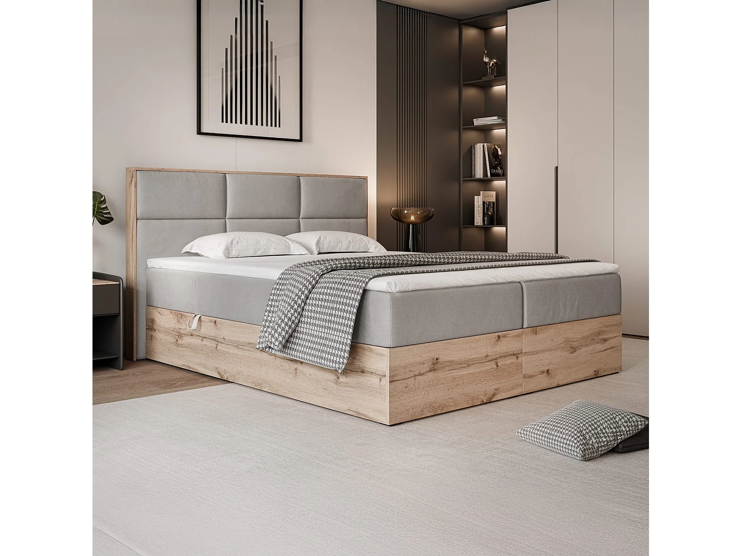 Lit continental rembourré avec surmatelas, gris clair - 160x200 - LAVIO