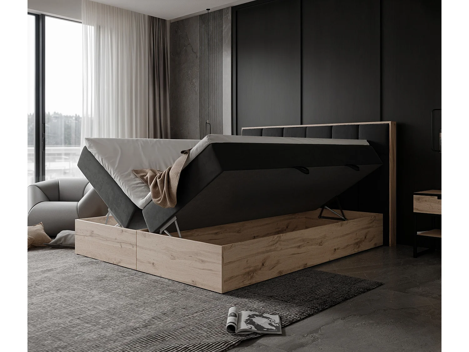 Lit continental rembourré avec surmatelas, noir - 180x200 - LAVIO II