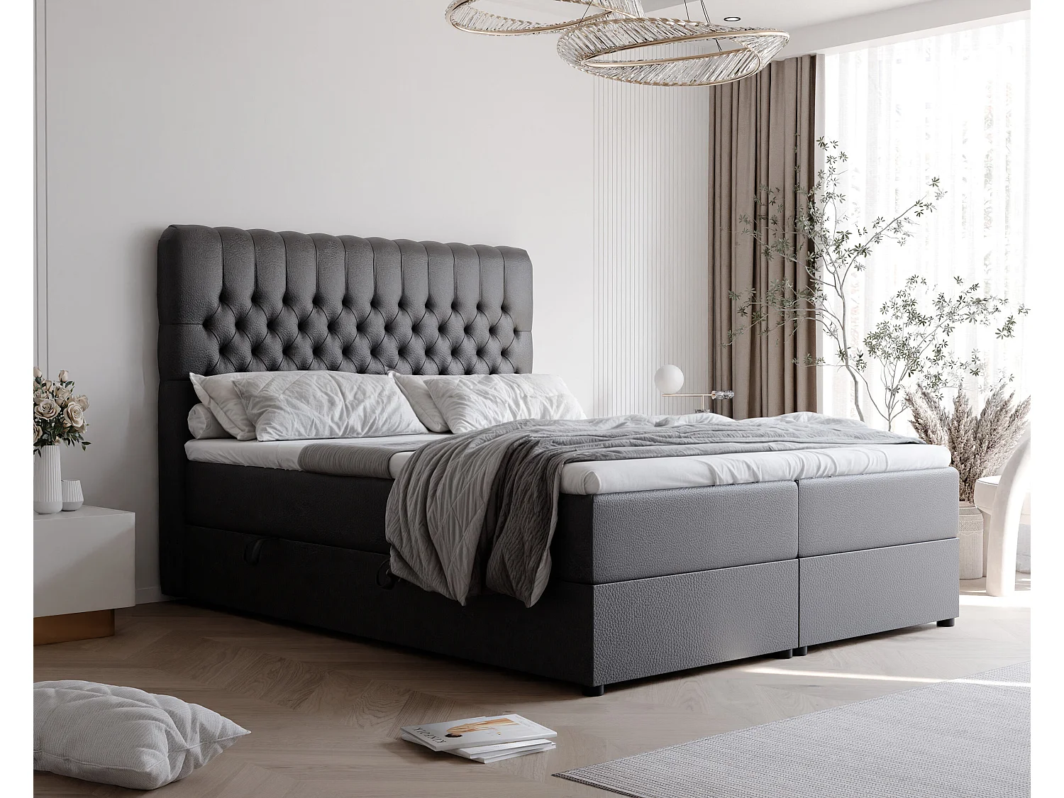 Lit continental rembourré avec matelas, noir  - 200x200