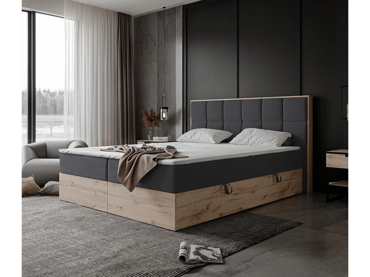 Lit continental rembourré avec surmatelas, gris anthracite - 120x200 - LAVIO II