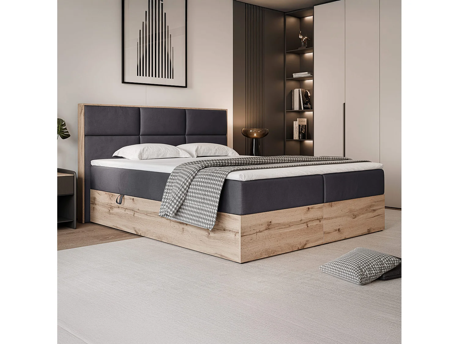 Lit continental rembourré avec surmatelas, gris anthracite - 140x200 - LAVIO