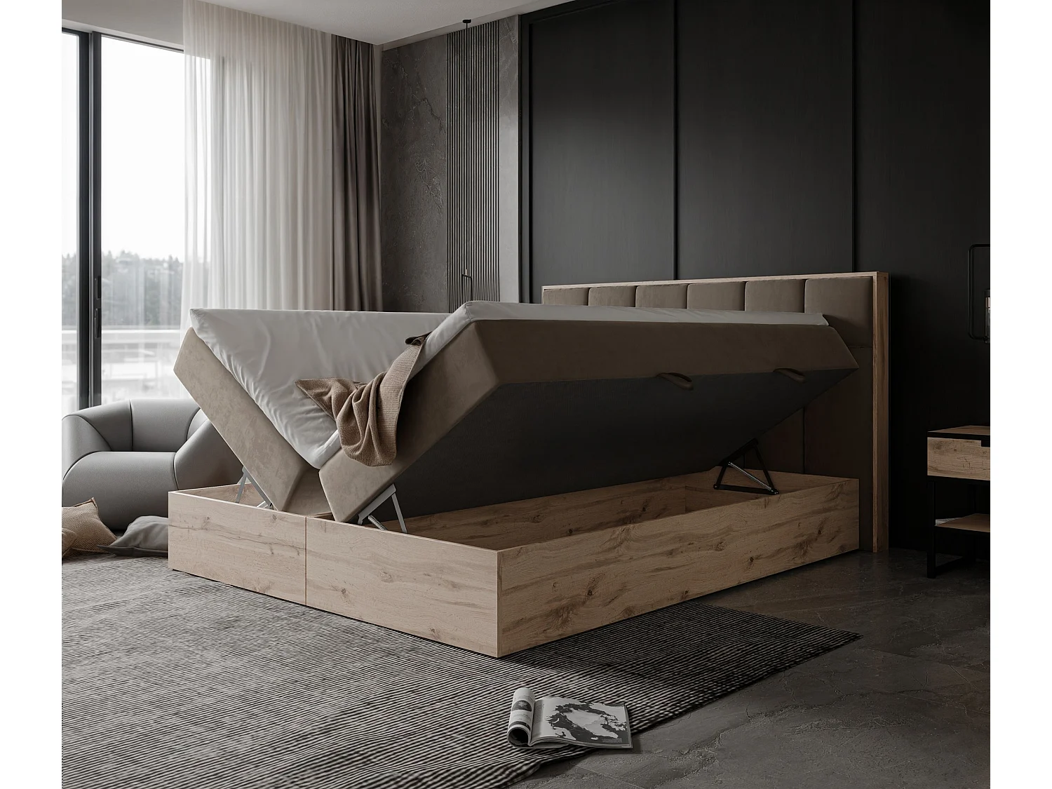 Lit continental rembourré avec surmatelas, marron - 200x200 - LAVIO II