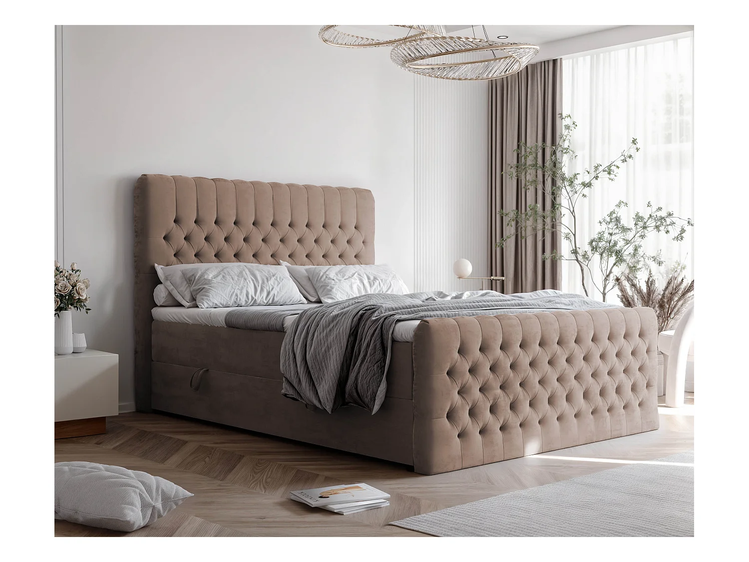 Lit continental rembourré avec matelas, marron - 200x200