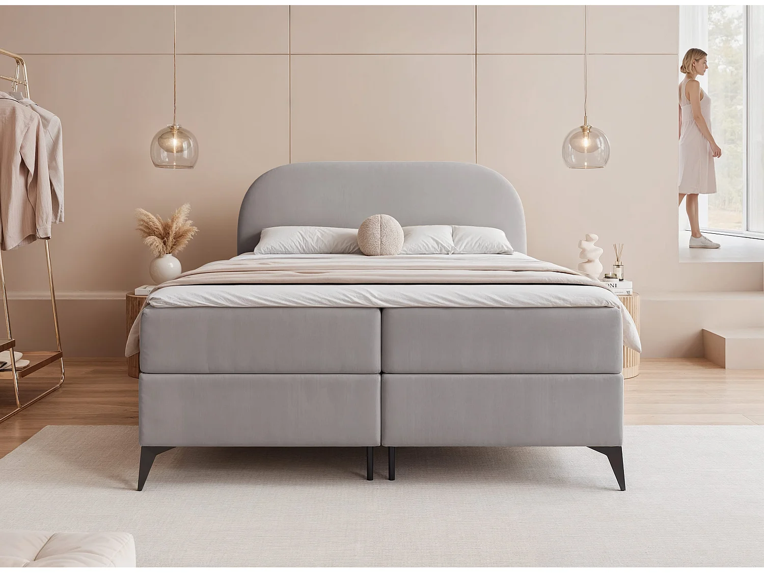 Lit continental rembourré sur pieds avec surmatelas, gris - 140x200 - NOELIA