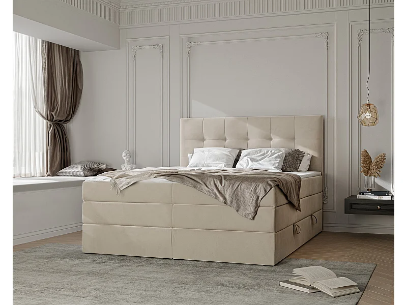 Lit continental rembourré avec surmatelas, crème - 200x200 - AZARIO