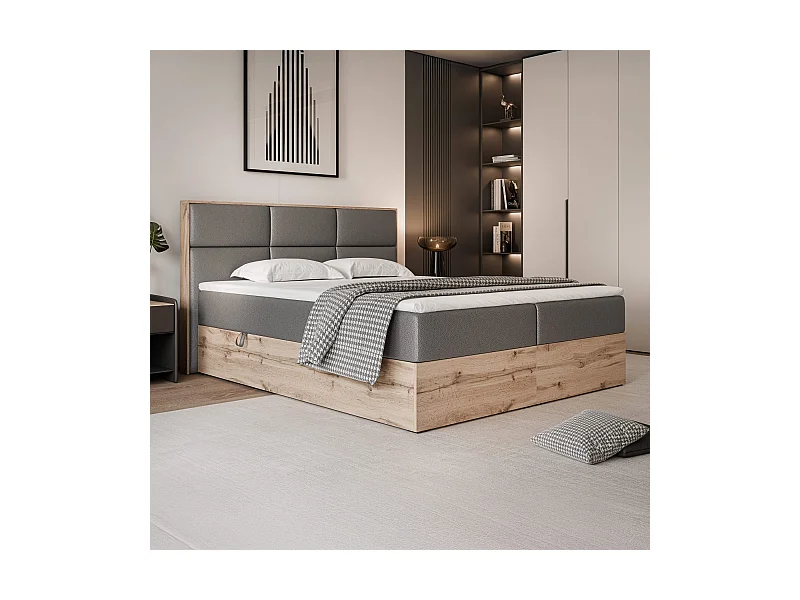 Lit continental rembourré avec surmatelas, gris  - 200x200 - LAVIO