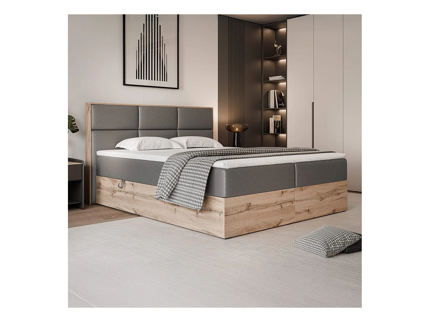 Lit continental rembourré avec surmatelas, gris  - 120x200 - LAVIO