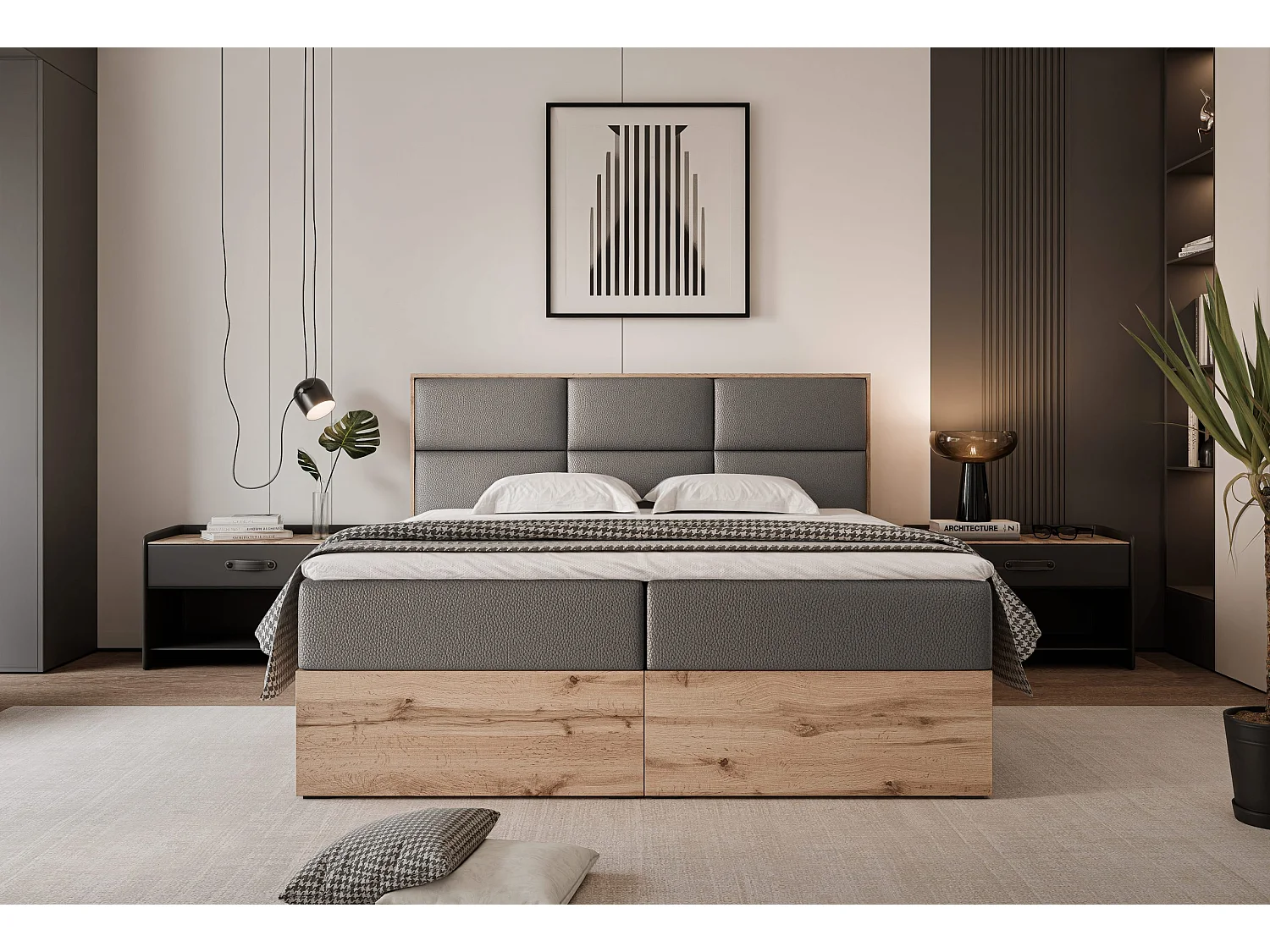 Lit continental rembourré avec surmatelas, gris  - 120x200 - LAVIO