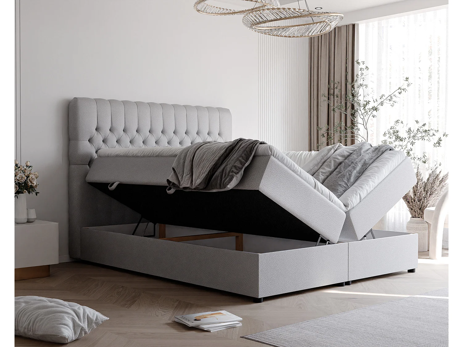 Lit continental rembourré avec matelas, gris  - 200x200