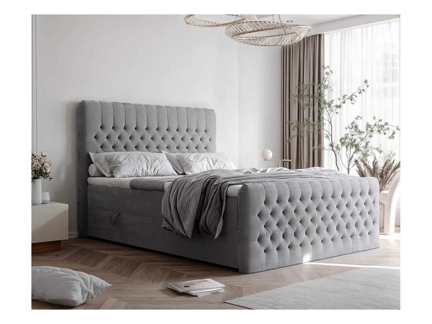 Lit continental rembourré avec matelas, gris clair - 180x200