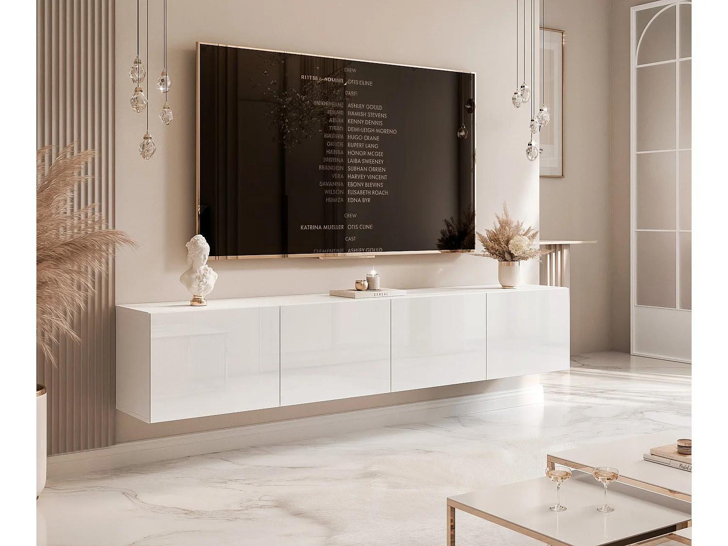 Meuble TV avec LED ANGEL 200 cm blanc brillant