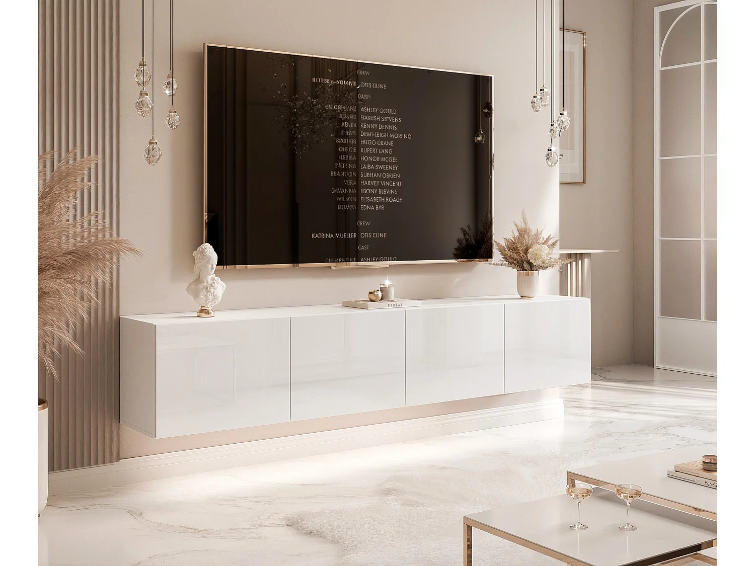 Meuble TV avec LED ANGEL 200 cm blanc brillant