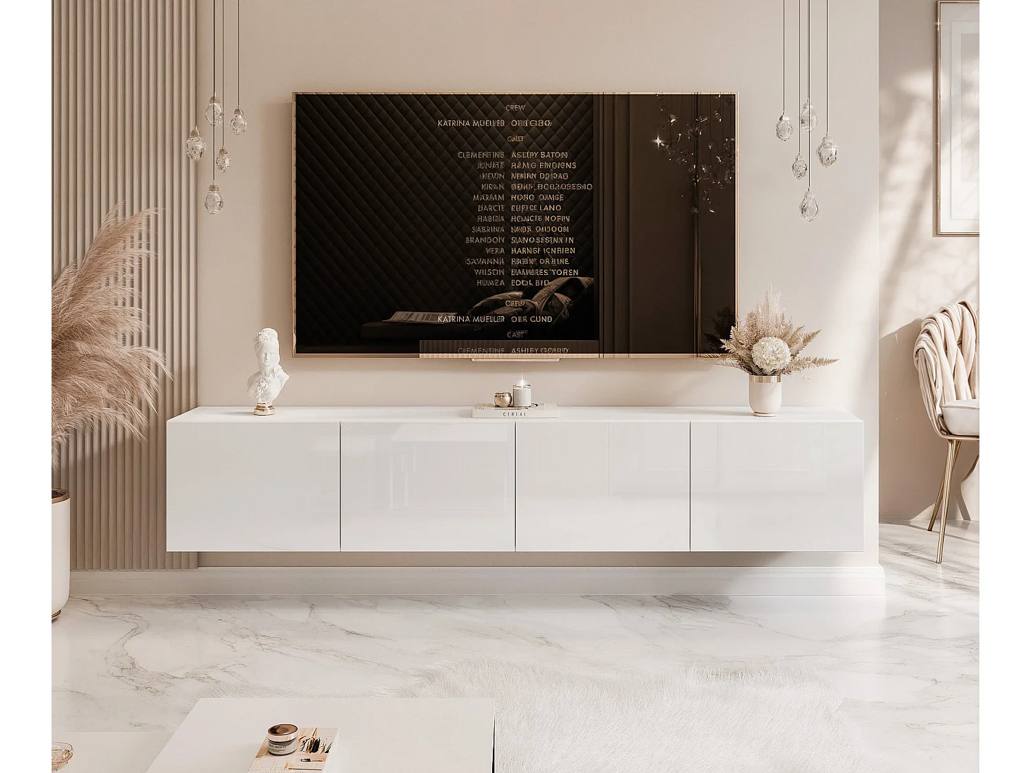 Meuble TV avec LED ANGEL 200 cm blanc brillant