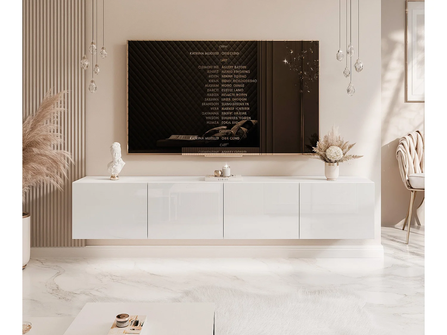 Meuble TV avec LED ANGEL 200 cm blanc brillant