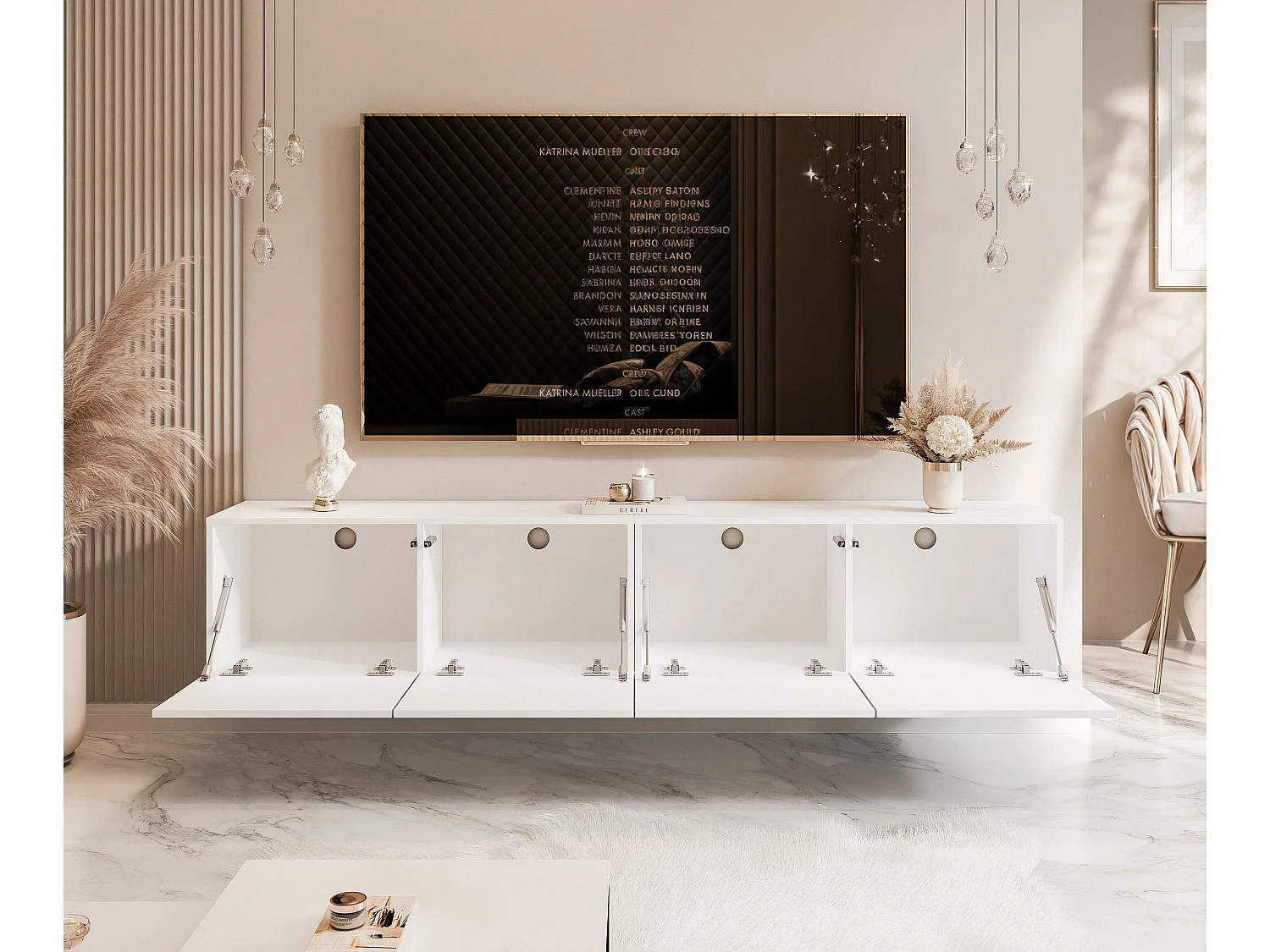 Meuble TV avec LED ANGEL 200 cm blanc brillant