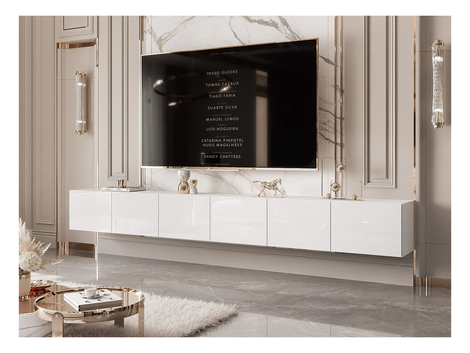 Meuble TV avec LED ANGEL 300 cm blanc brillant