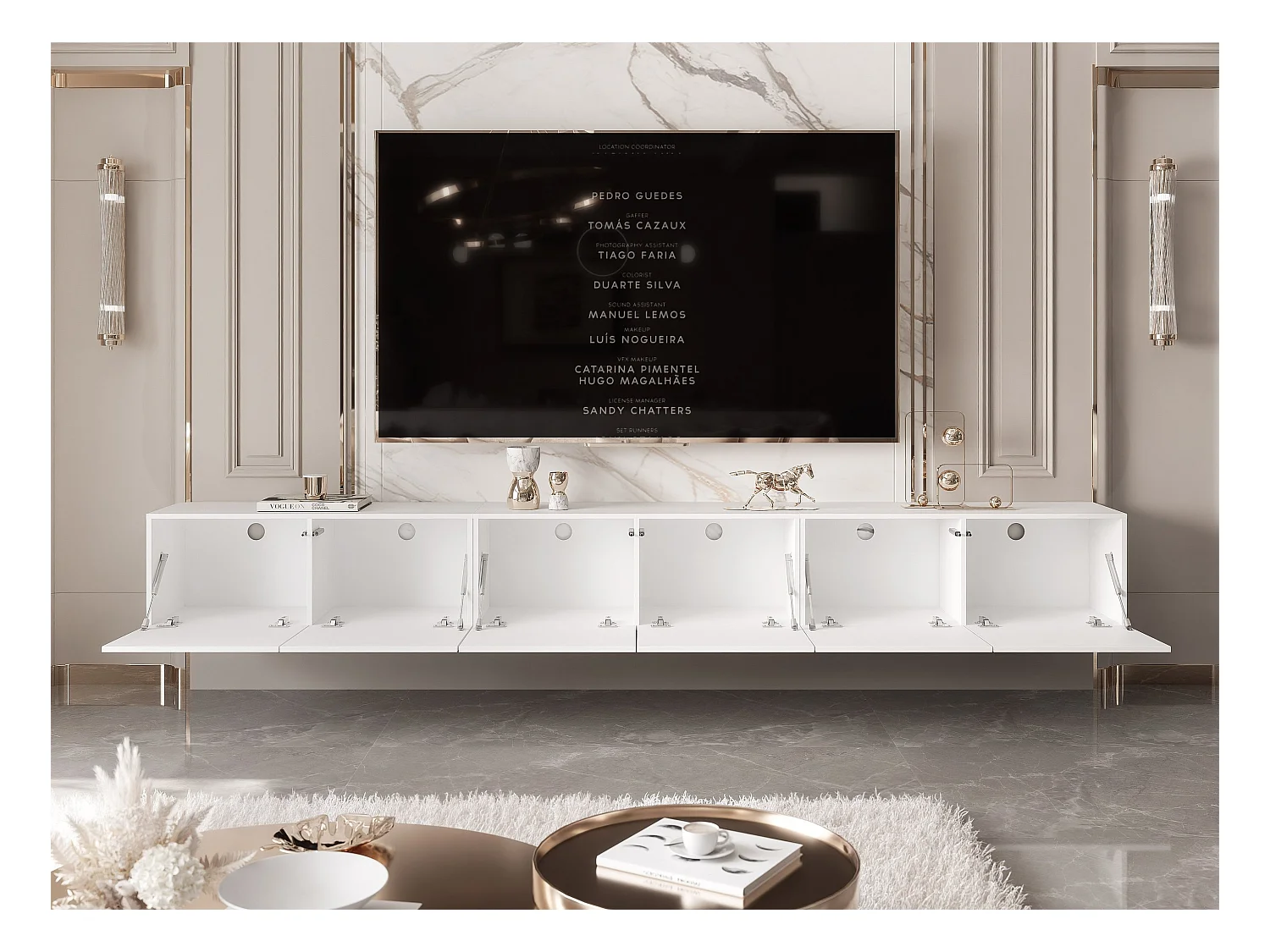 Meuble TV avec LED ANGEL 300 cm blanc brillant