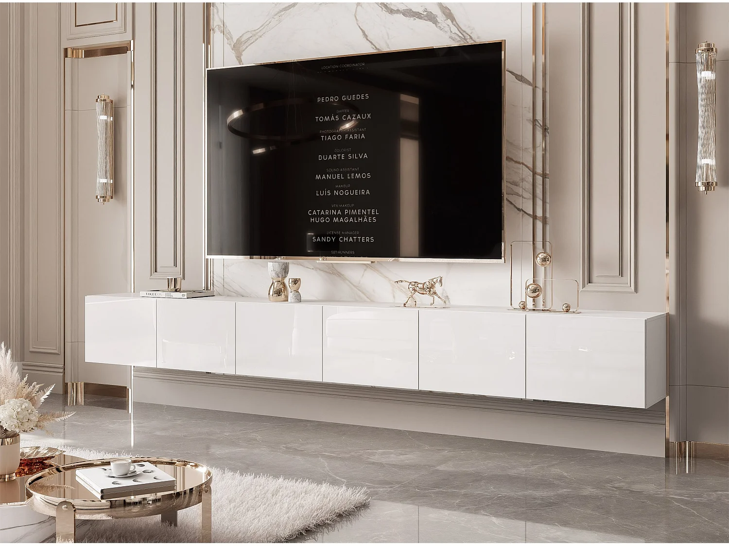 Meuble TV avec LED ANGEL 300 cm blanc brillant