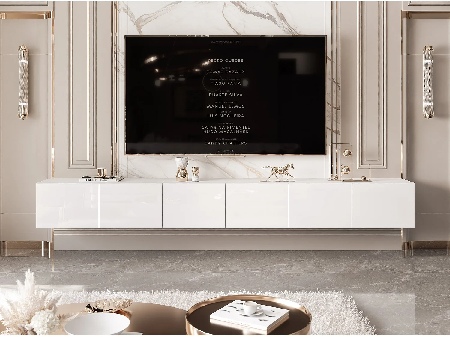 Meuble TV avec LED ANGEL 300 cm blanc brillant