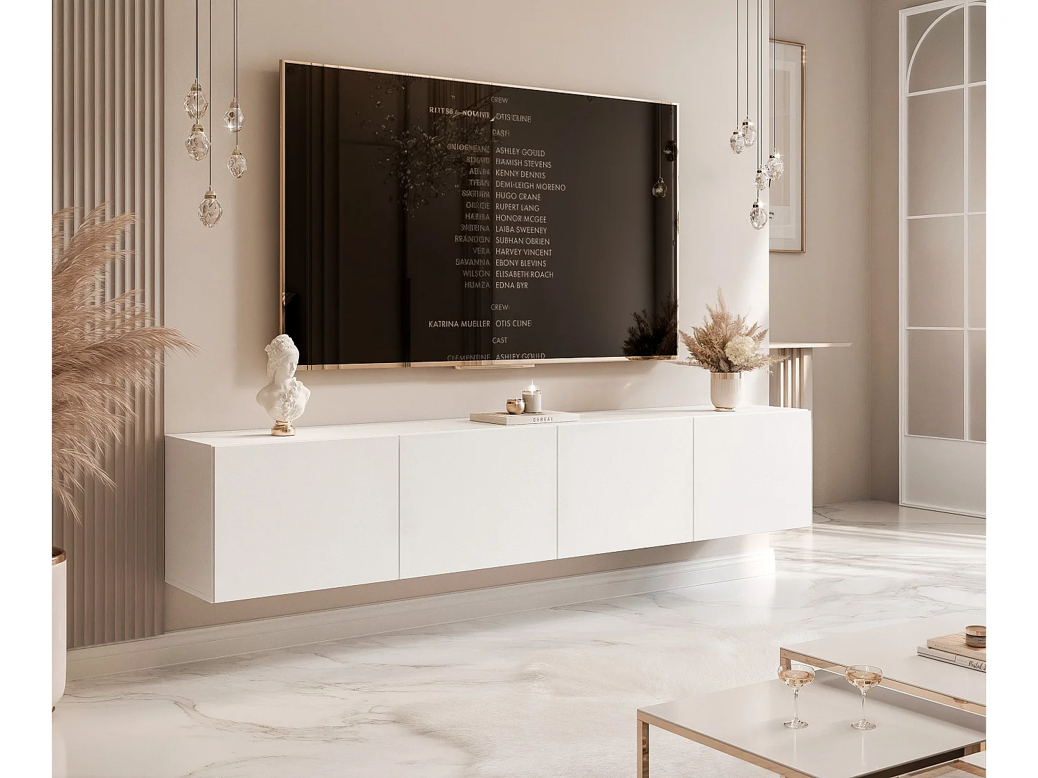 Meuble TV avec LED ANGEL 200 cm blanc mat