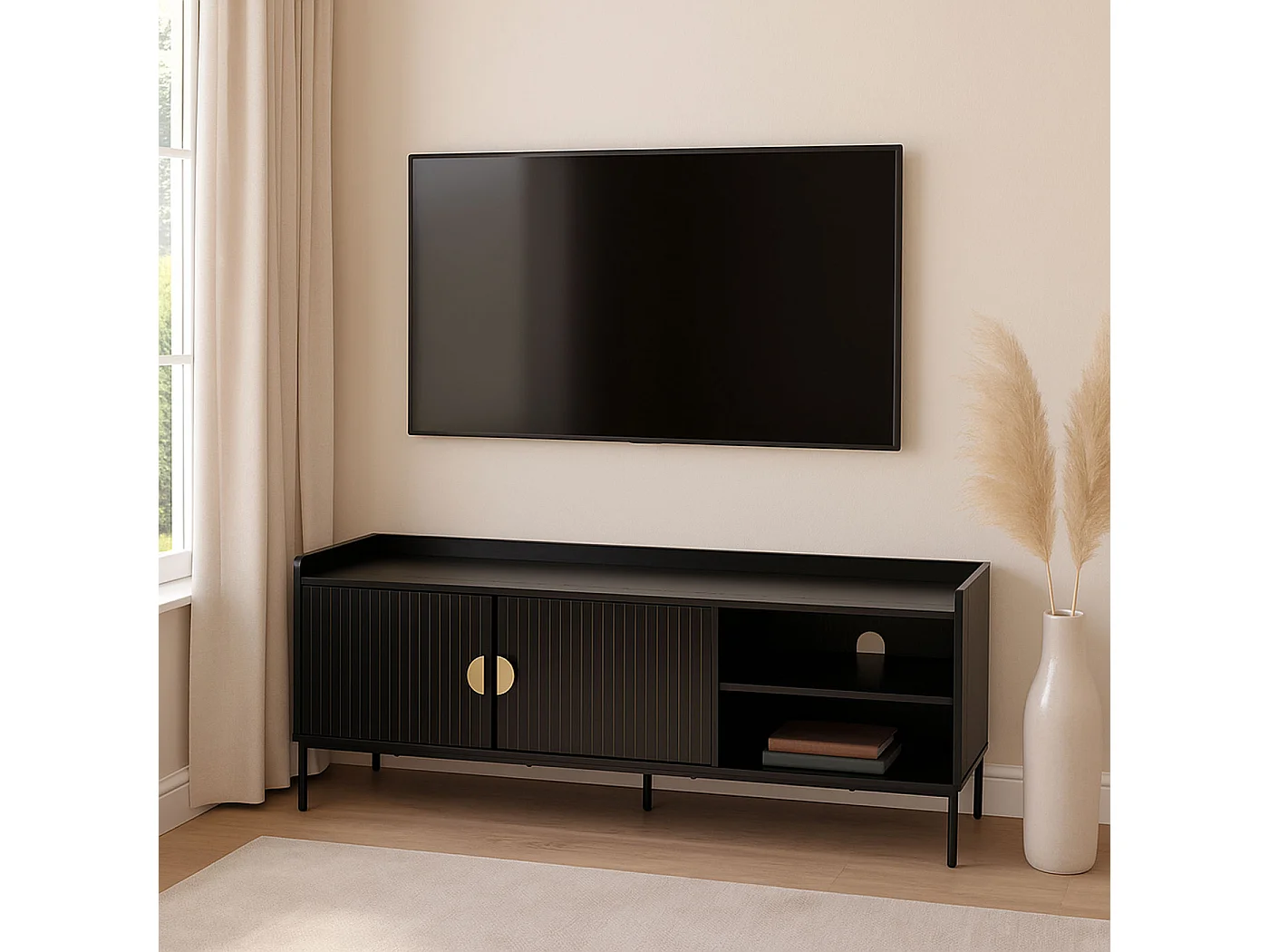 Meuble TV avec portes MCW-O39,  aspect bois noir