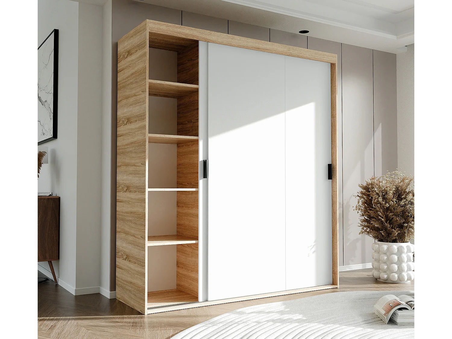 Armoire 3 portes coulissantes - L180 cm - Blanc et naturel - STILO
