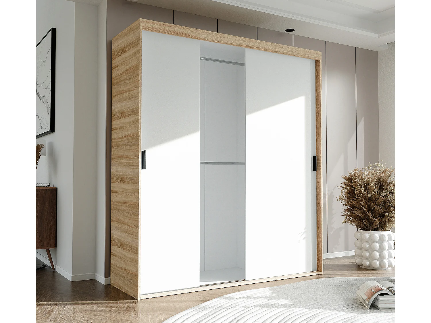 Armoire 3 portes coulissantes - L180 cm - Blanc et naturel - STILO