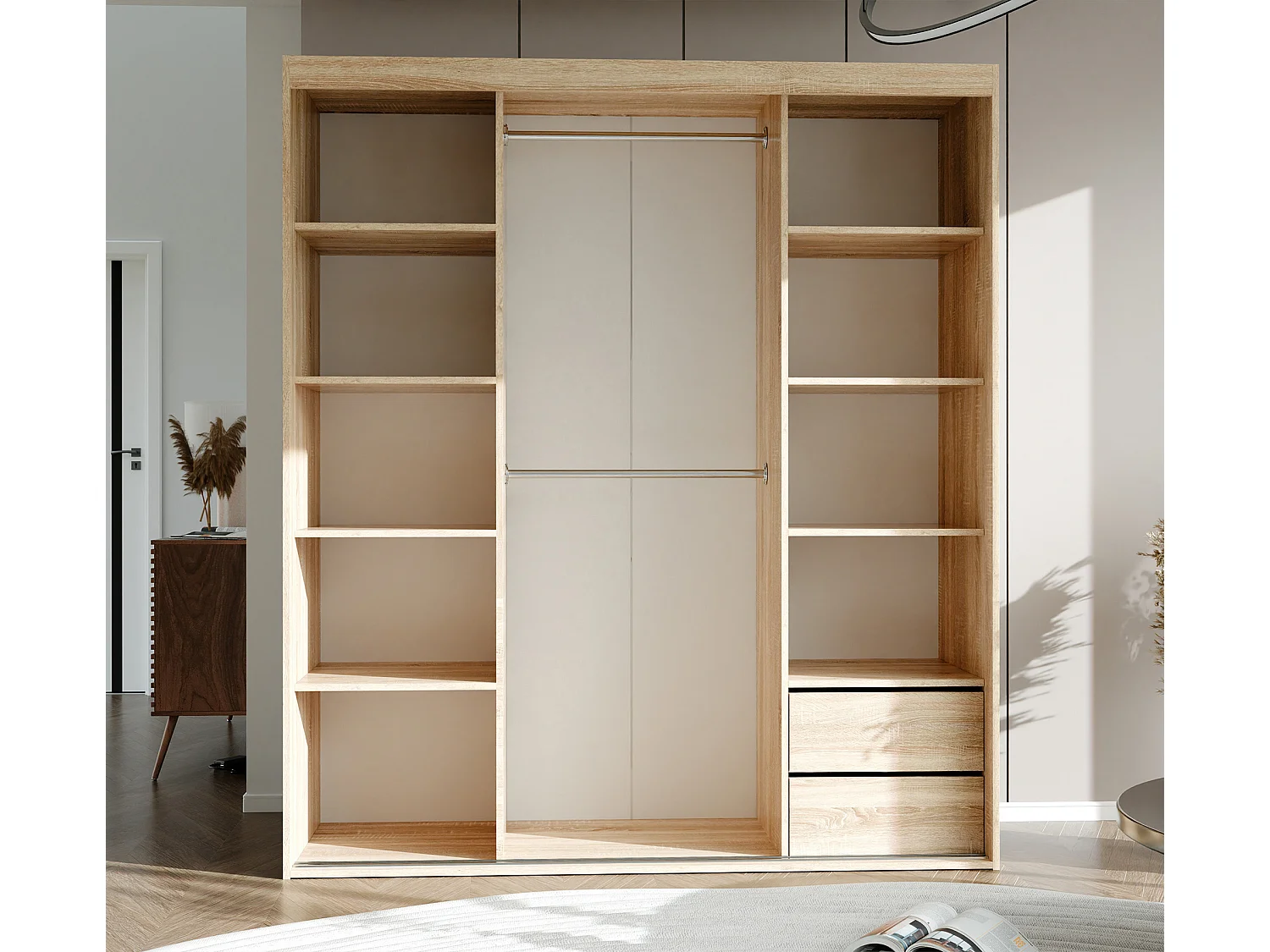 Armoire 3 portes coulissantes - L180 cm - Blanc et naturel - STILO