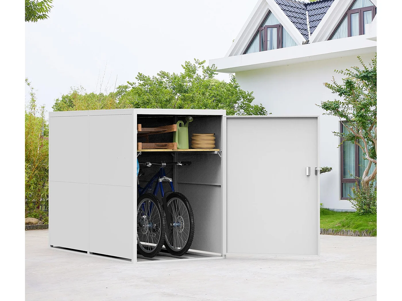 Garage per 2 biciclette MCW-L56c, rimessa con deposito, in metallo con serratura 160x113x209cm ~ grigio chiaro