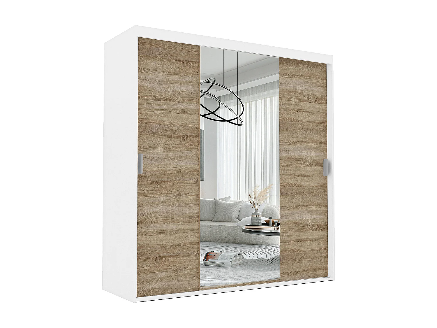 Armoire 3 portes coulissantes - Avec miroir - L180 cm - Blanc et naturel - STILO